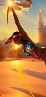 Silhouette of a woman stretching at sunset with vibrant colors.