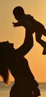 Silhouette of parent lifting child at sunset on the beach.