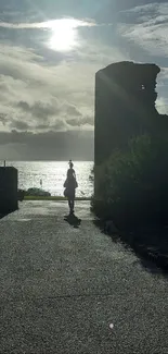 Silhouette at sunset on coastal path with ocean view.