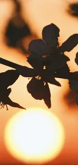 Elegant sunset silhouette with flowers against an orange sky.