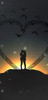 Romantic couple silhouette with sunset and heart design.