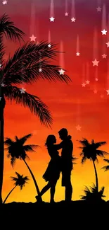 Silhouette of couple under palm trees at sunset.