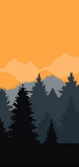 Forest silhouette against an orange sunset sky mobile wallpaper.