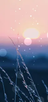 Tranquil sunset silhouette with pink and blue hues featuring delicate grasses.