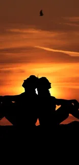 Silhouette of two people at sunset with vibrant orange sky and birds flying.