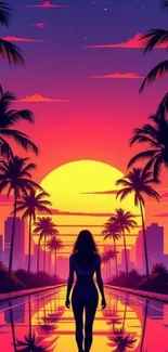 Silhouette of a person walking towards a tropical sunset.