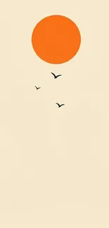 Minimalist wallpaper with orange sun and birds on beige background.
