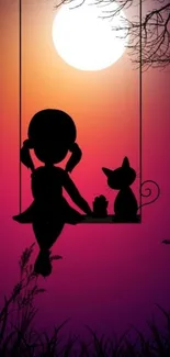 Silhouette of girl and cat on a swing with a vibrant sunset background.