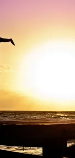 Silhouette of person on pier at sunset with ocean backdrop.