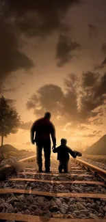 Father and child walking on railroad under sunset sky.