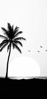 Black and white silhouette of a palm tree at sunset with flying birds.