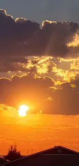 Orange sunset with bird silhouette on a rooftop against a cloudy sky.