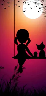 Silhouette of a girl and cat on a swing at sunset.