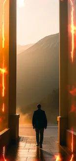 Silhouette of person walking through a sunlit archway with a mountain backdrop.