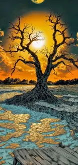 Silhouetted tree against colorful sunset on mobile wallpaper.