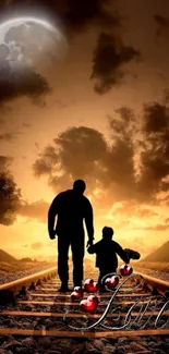 Silhouette of parent and child at sunset on railway track.