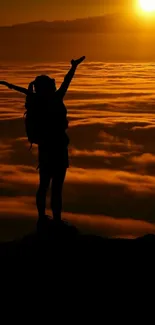 Silhouette against a stunning orange sunset sky.