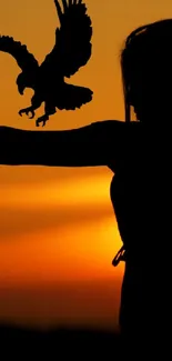 Silhouette of a person and eagle at sunset.