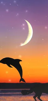 Silhouetted dolphin and horse under a vibrant sunset with crescent moon.