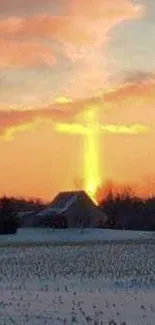 Serene sunset sky with cross-shaped light over a rural landscape.