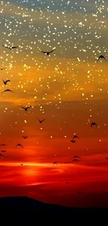 Red-orange sunset sky with birds flying.