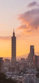 Taipei city skyline at sunset with Taipei 101 tower.