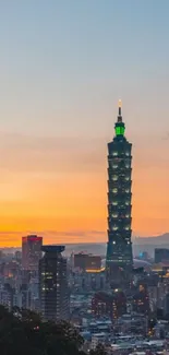 Taipei 101 under a vibrant sunset sky with cityscape.