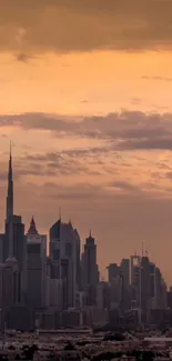 Silhouette of city skyline at sunset.