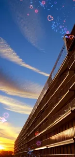 Skyscraper at sunset with dynamic clouds in vibrant city skyline.