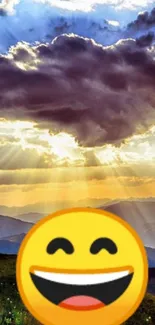 Smiling emoji over a scenic sunset sky view.