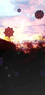 Snowflakes silhouetted against a vibrant pink sunset.