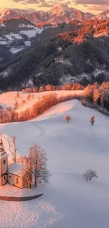 Snowy mountain landscape with sunset glow.