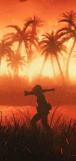 Silhouette of a soldier against a fiery sunset with palm trees.