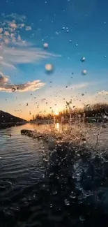 Mobile wallpaper of sunset reflecting on a splashing water surface.