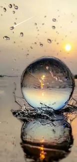 Sunset reflected in water droplet with splashes.