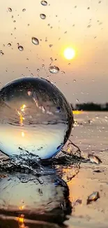 A vibrant sunset reflecting in a water splash sphere, creating a serene mobile wallpaper.