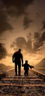 Father and child walking on railway tracks at sunset.