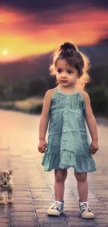 Child and small animal walking at sunset.