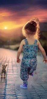 A child walking with a cub on a sunset-lit path.