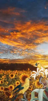 Sunset with sunflowers and parrots in a vibrant landscape.