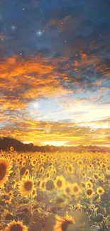 Sunset over a sunflower field with vibrant orange and blue hues.