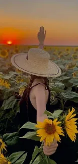 Woman in sunflower field at sunset, holding a sunflower.