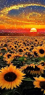 Field of sunflowers at sunset with vibrant colors and calming atmosphere.