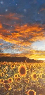 Field of sunflowers beneath starry sunset sky