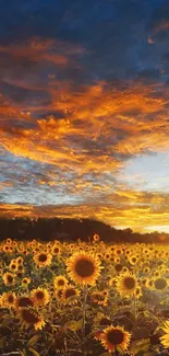 Sunset over sunflower field with vibrant orange sky.