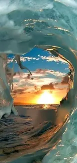 Ocean wave with sunset view through curling water.