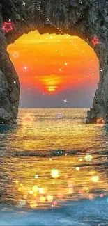 Beautiful sunset through a rock arch over a tranquil ocean.