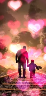 Father and child walking on tracks under a sunset sky.