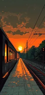 Artistic sunset train ride along railway tracks.