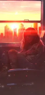 Illustration of a woman on a train at sunset with glowing city skyline.